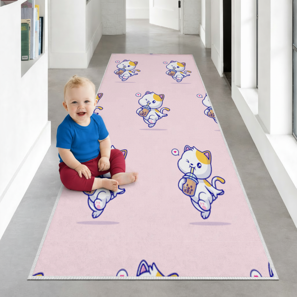 Kawaii Cat Drinking Boba Tea Hallway & Entryway Rug