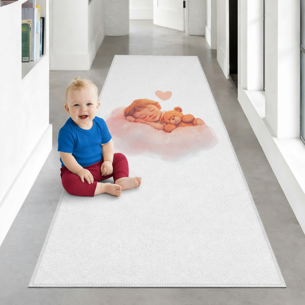 Sleeping Baby on Cloud with Teddy Bear Hallway & Entryway Rug