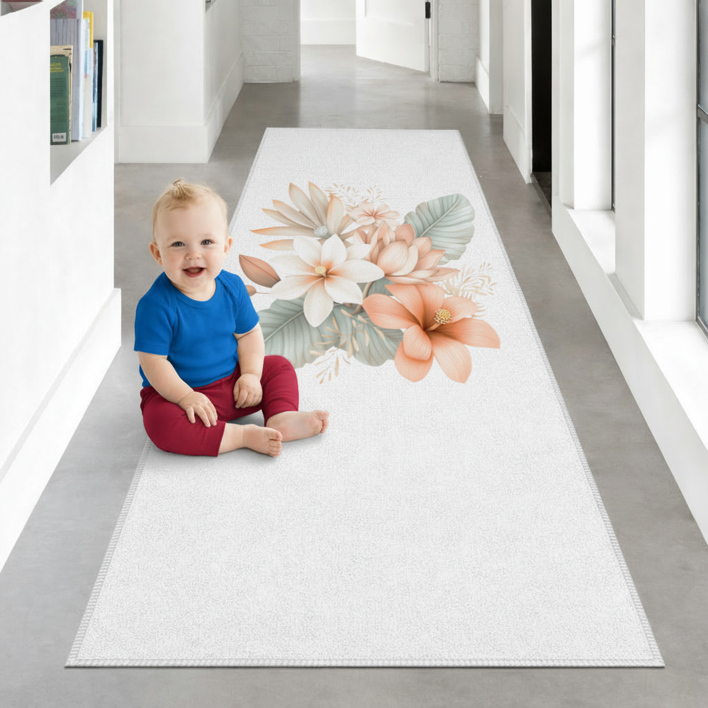 Soft Peach Tropical Floral Bouquet Hallway & Entryway Rug