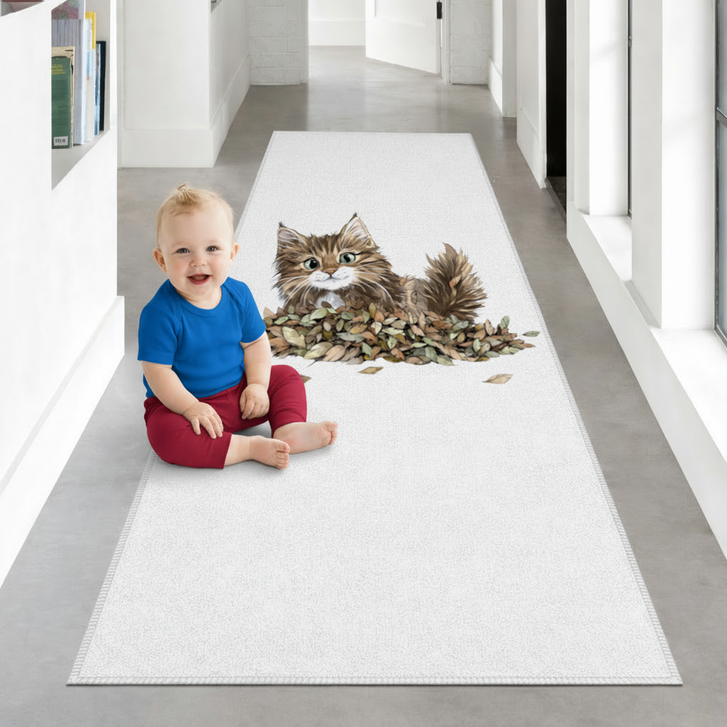 Cute Fluffy Kitten in Autumn Leaves Hallway & Entryway Rug