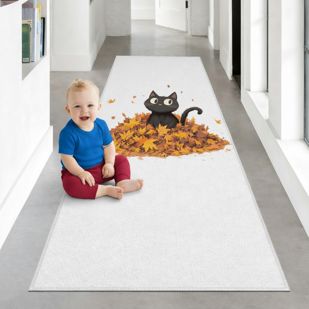Cute Black Cat in Autumn Leaves Hallway & Entryway Rug