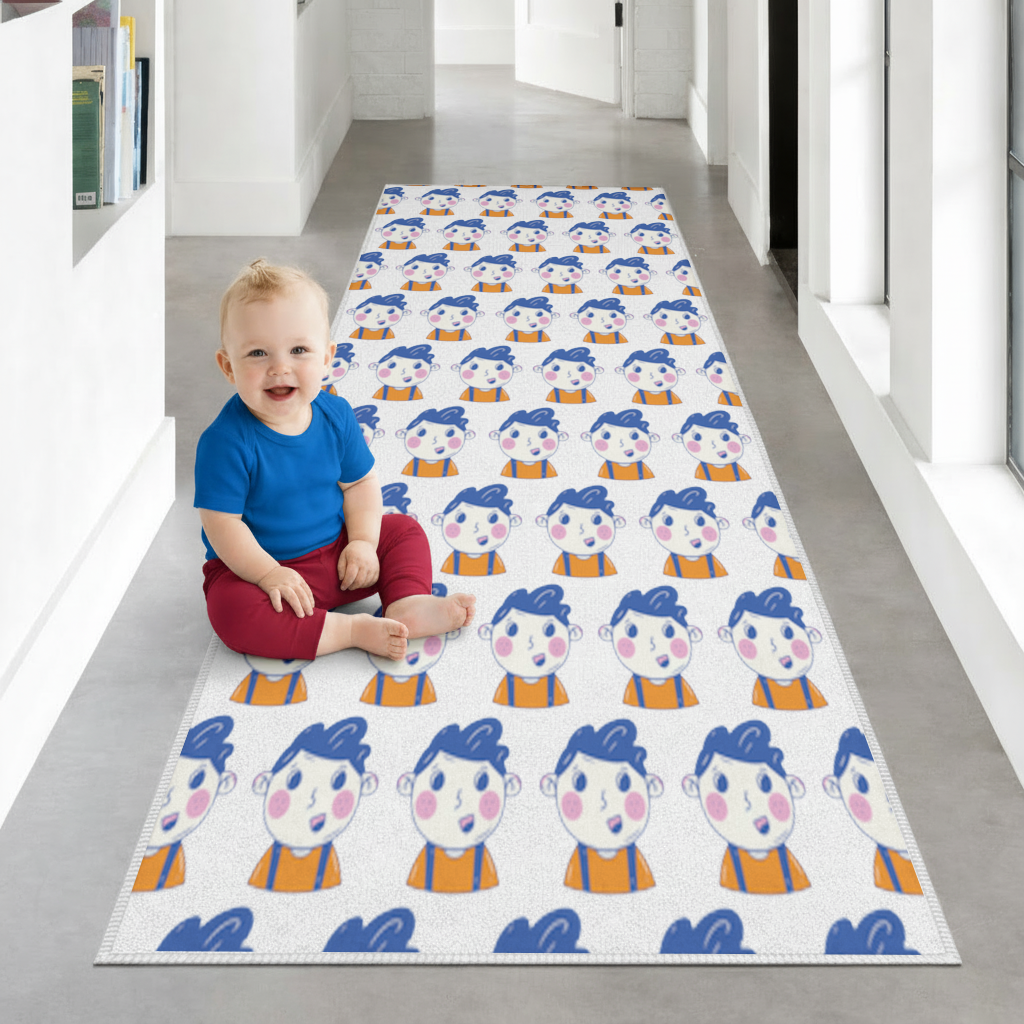 Cute Smiling Boy with Blue Hair Hallway & Entryway Rug