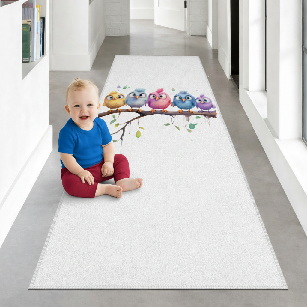 Five Colorful Kawaii Birds on Branch Hallway & Entryway Rug