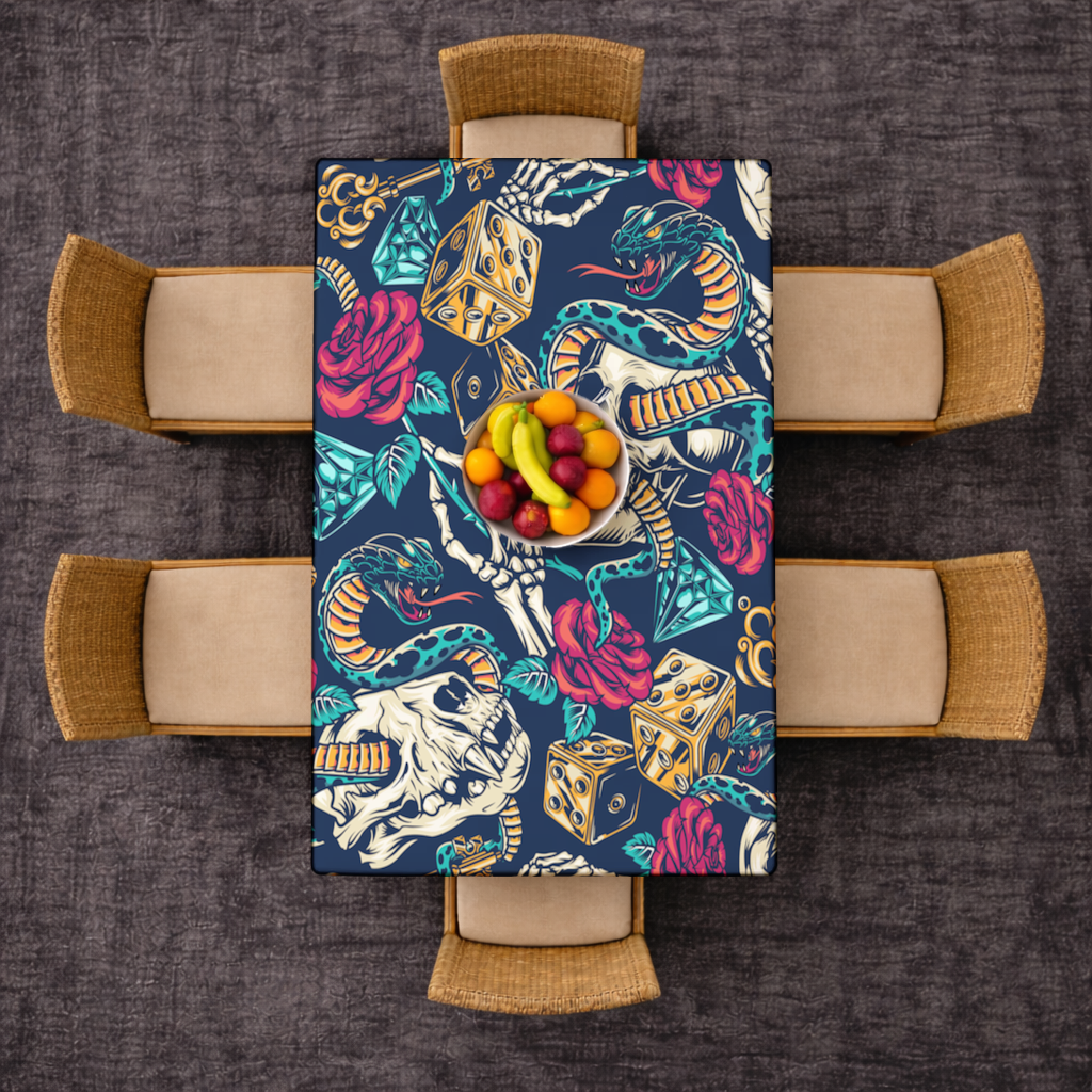 Skull Snake Dice and Roses Pattern Rectangular Tablecloth
