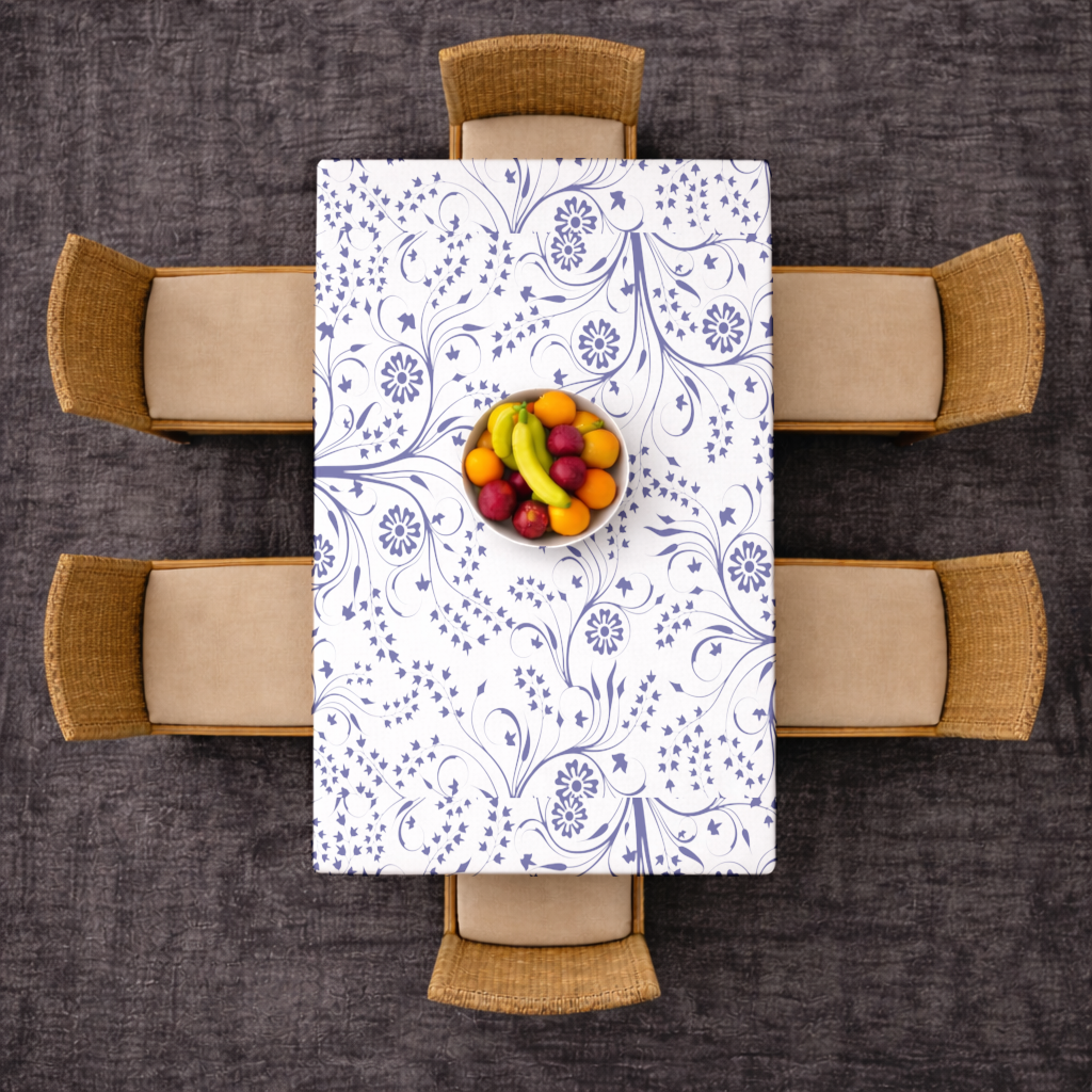 Blue White Vintage Floral Pattern Rectangular Tablecloth
