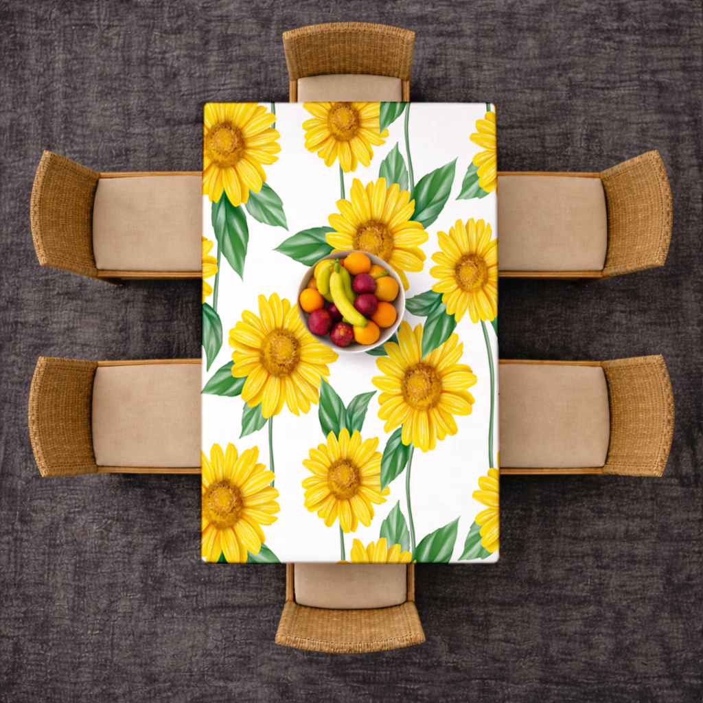 Vibrant Yellow Sunflower and Green Leaf Pattern Illustration Rectangular Tablecloth