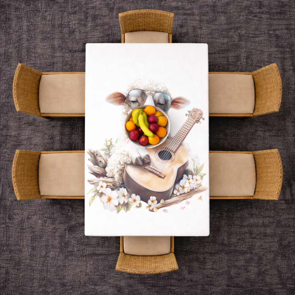 Cool Sheep Playing Ukulele with Flowers Rectangular Tablecloth