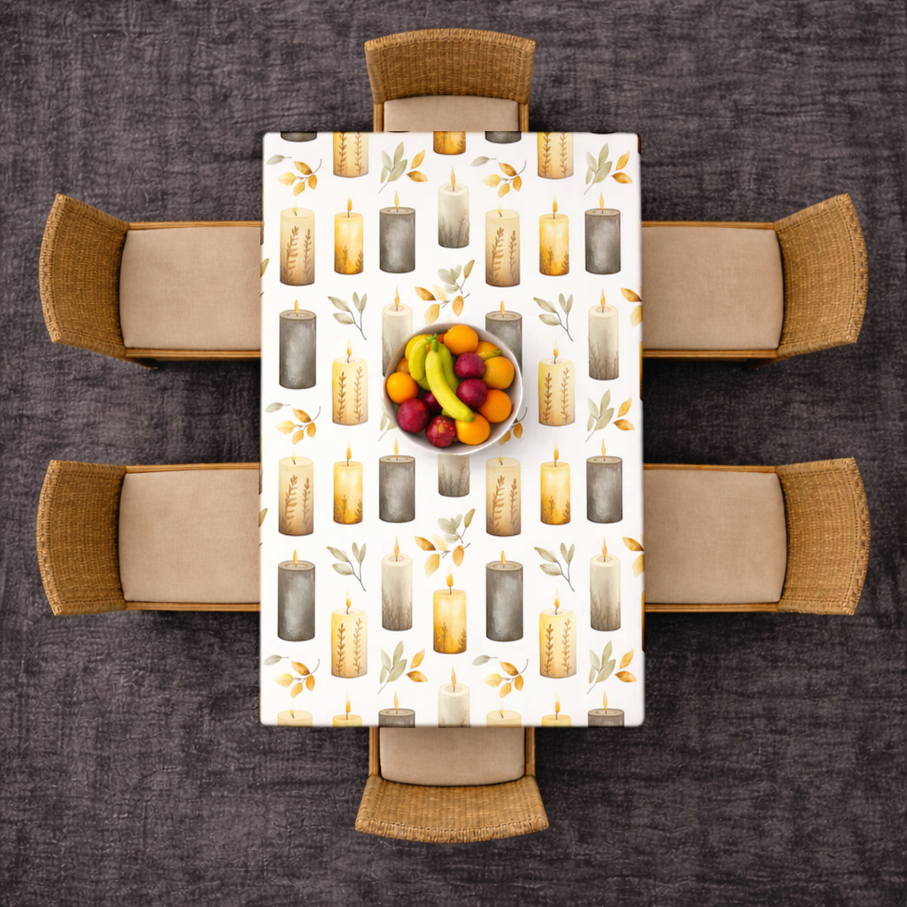 Warm Neutral Autumn Candles and Leaves Rectangular Tablecloth
