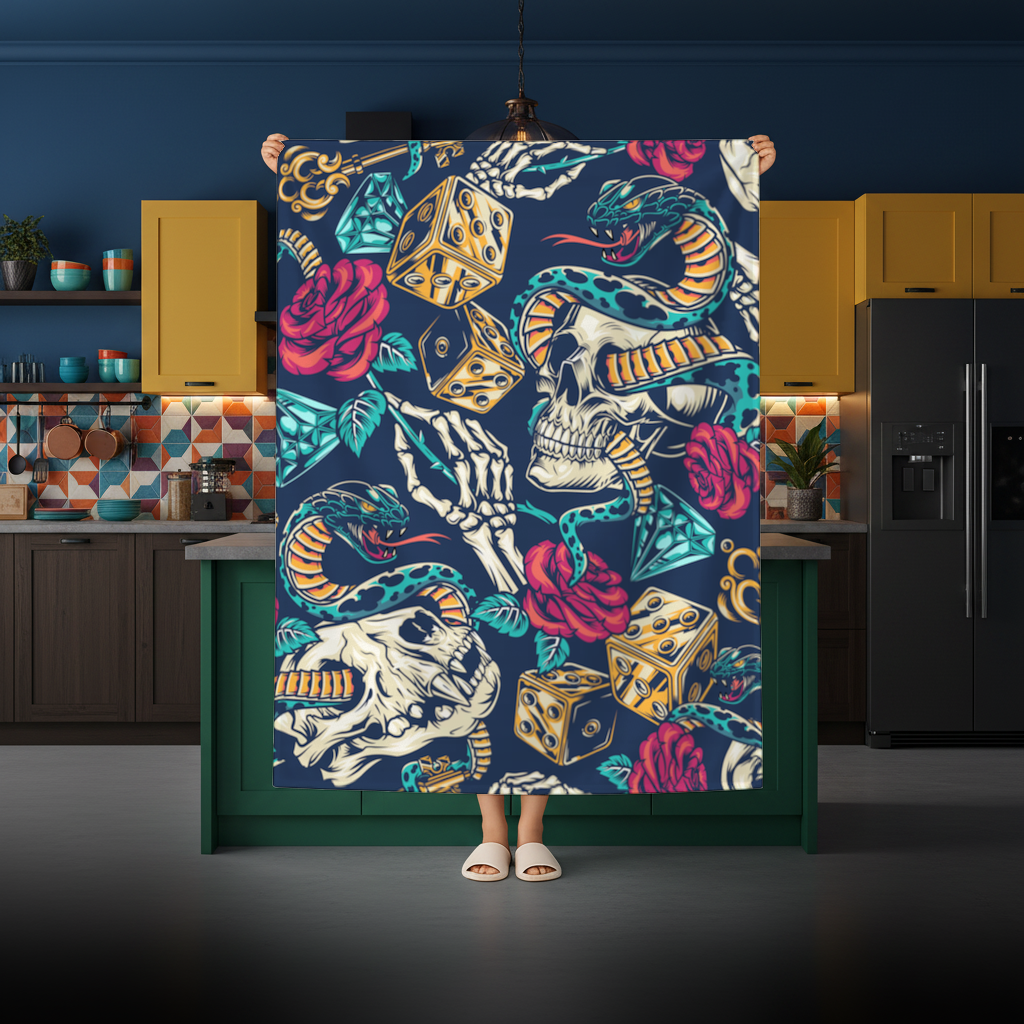 Skull Snake Dice and Roses Pattern Rectangular Tablecloth