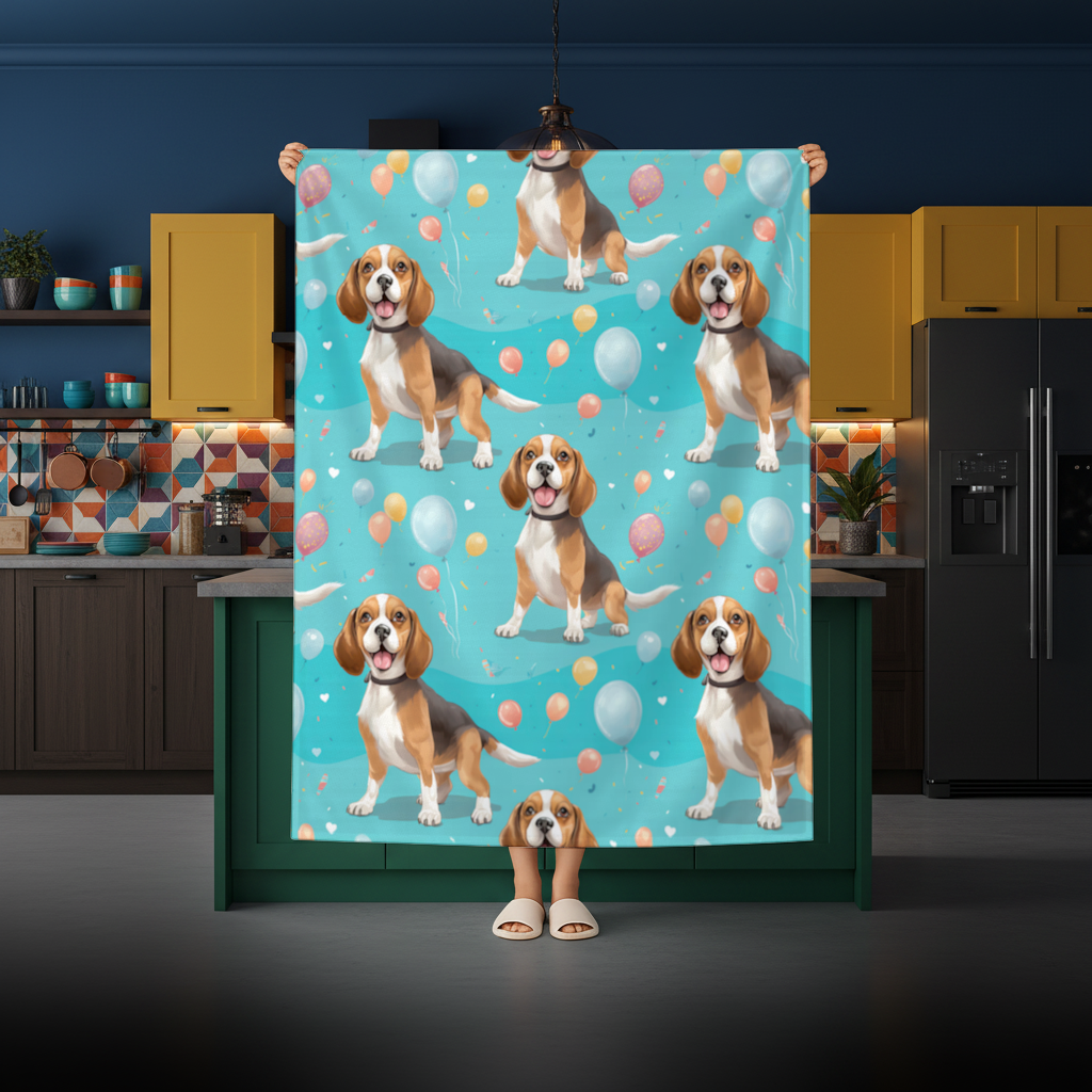 Sevimli Beagle Köpek ve Renkli Balonlar Desenli Tasarım Masa Örtüsü