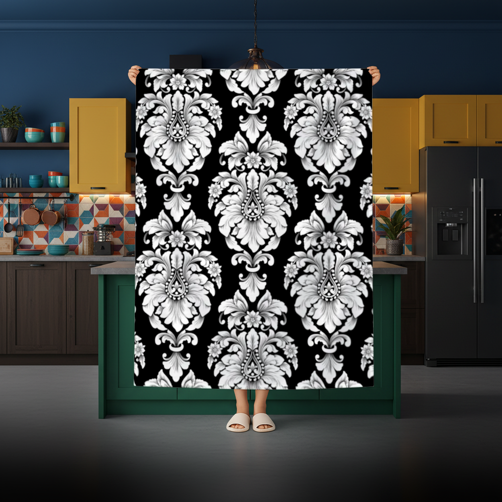 Black and White Baroque Floral Pattern Rectangular Tablecloth