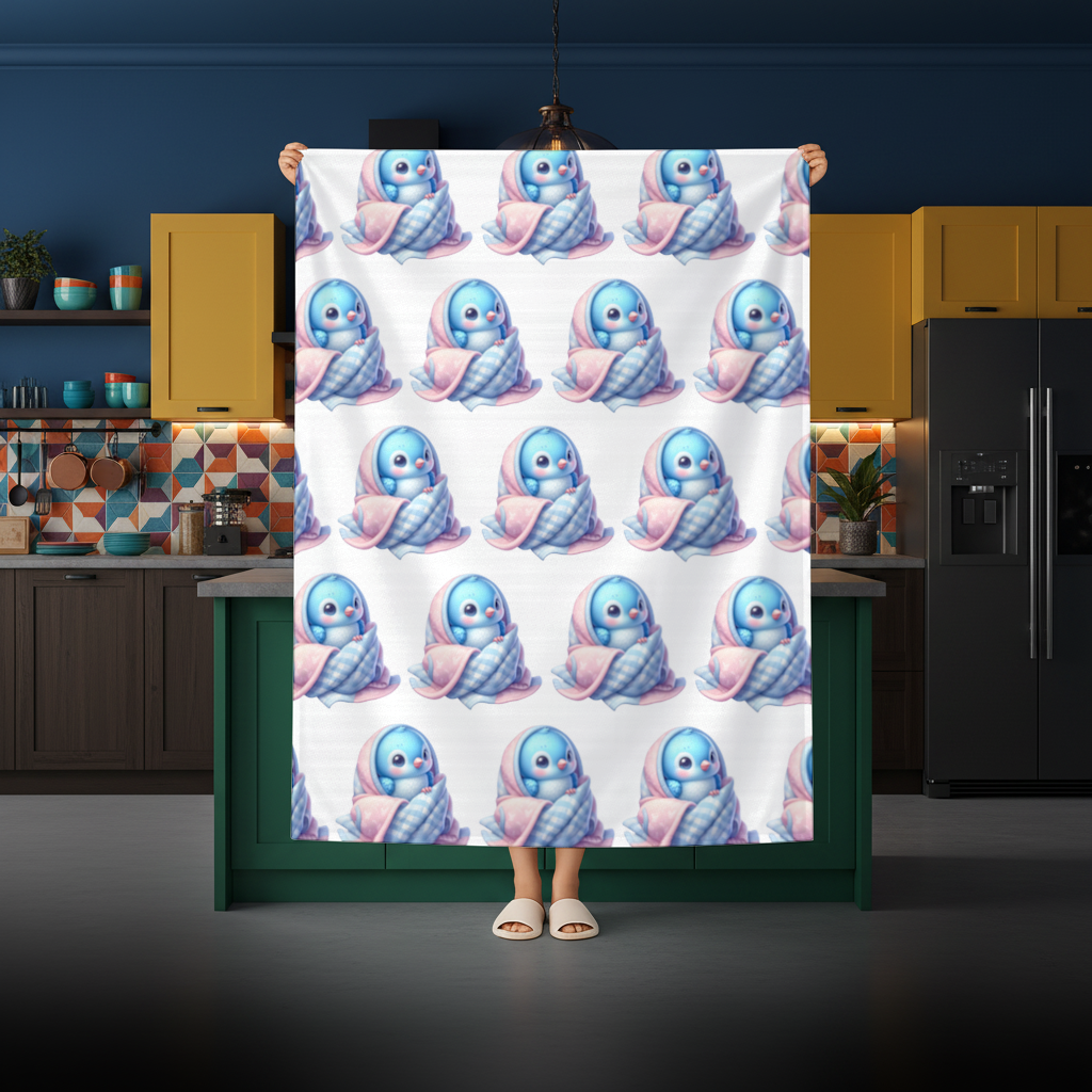 Kawaii Blue Bird in Blanket Rectangular Tablecloth