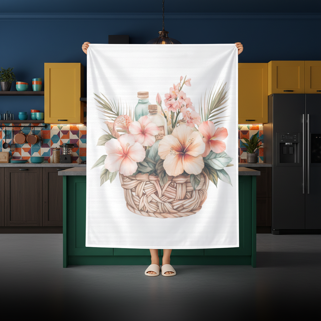 Tropical Hibiscus Flower Woven Basket Rectangular Tablecloth