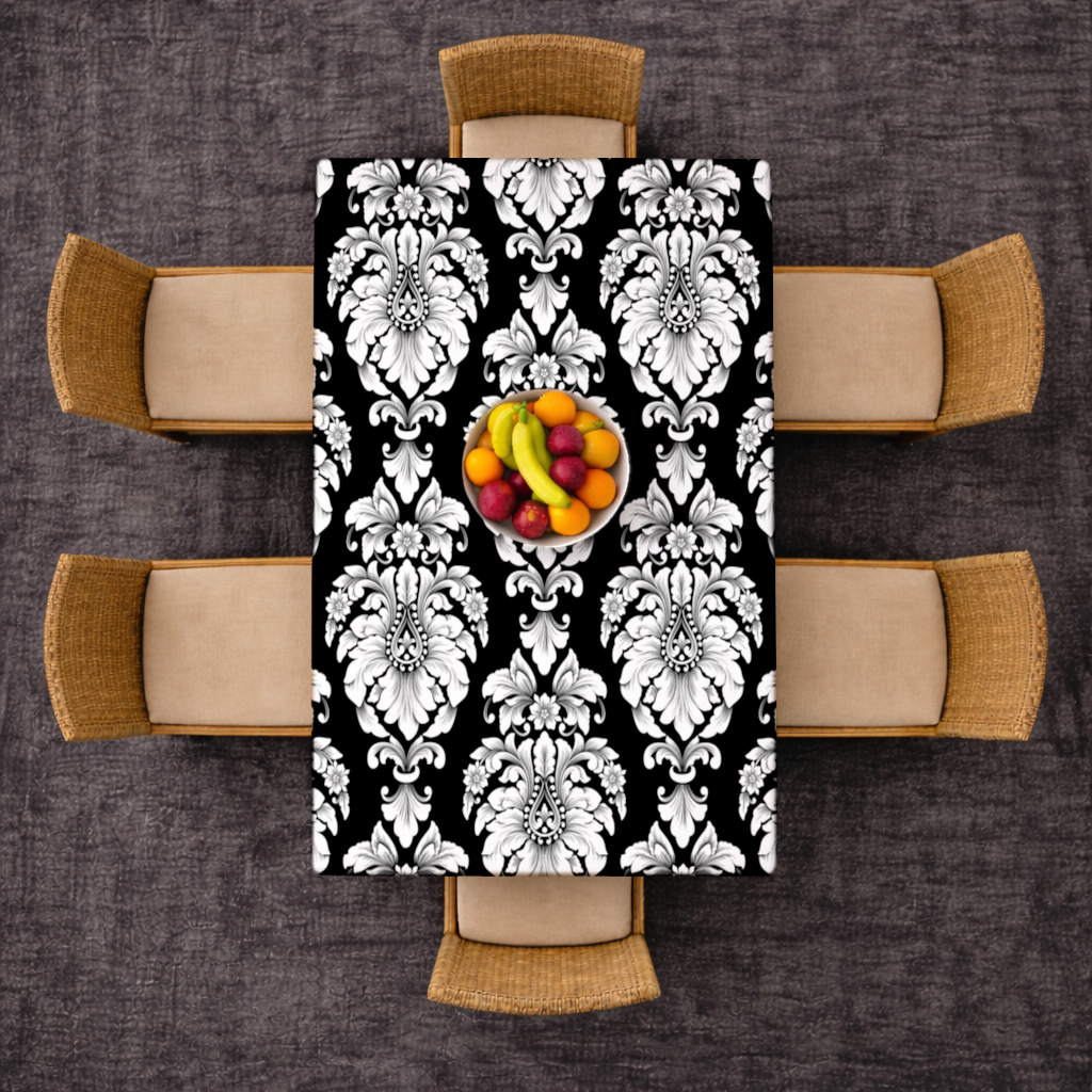 Black and White Baroque Floral Pattern Rectangular Tablecloth