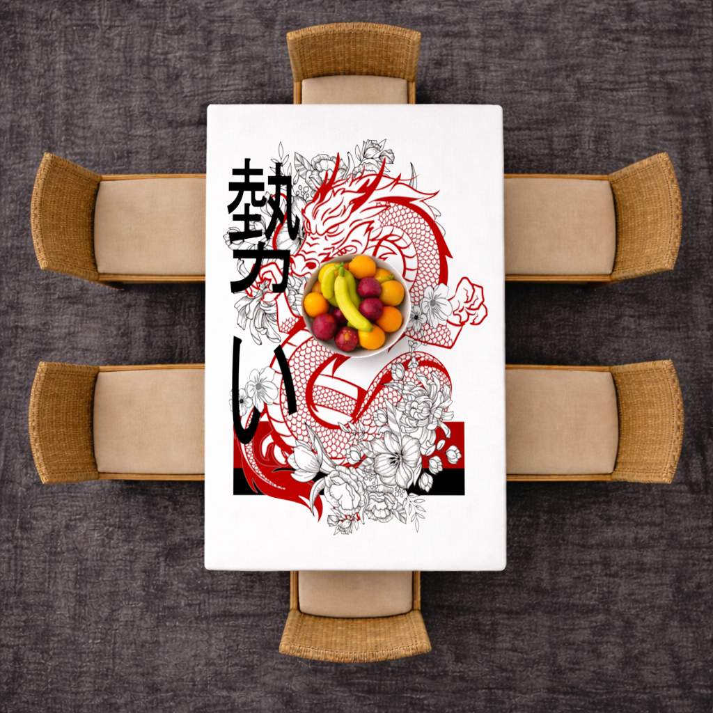 Japon Ejderhası ve Çiçek Deseni Masa Örtüsü