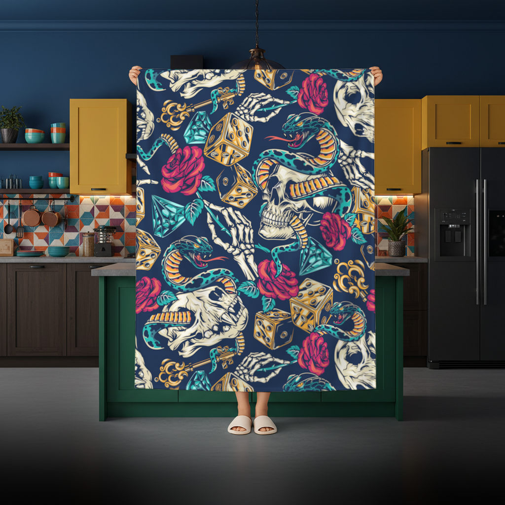 Skull Snake Dice and Roses Pattern Rectangular Tablecloth