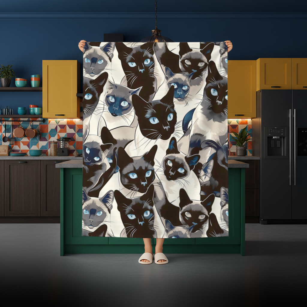 Blue Eyed Siamese Cat Elegant Illustration Pattern Rectangular Tablecloth