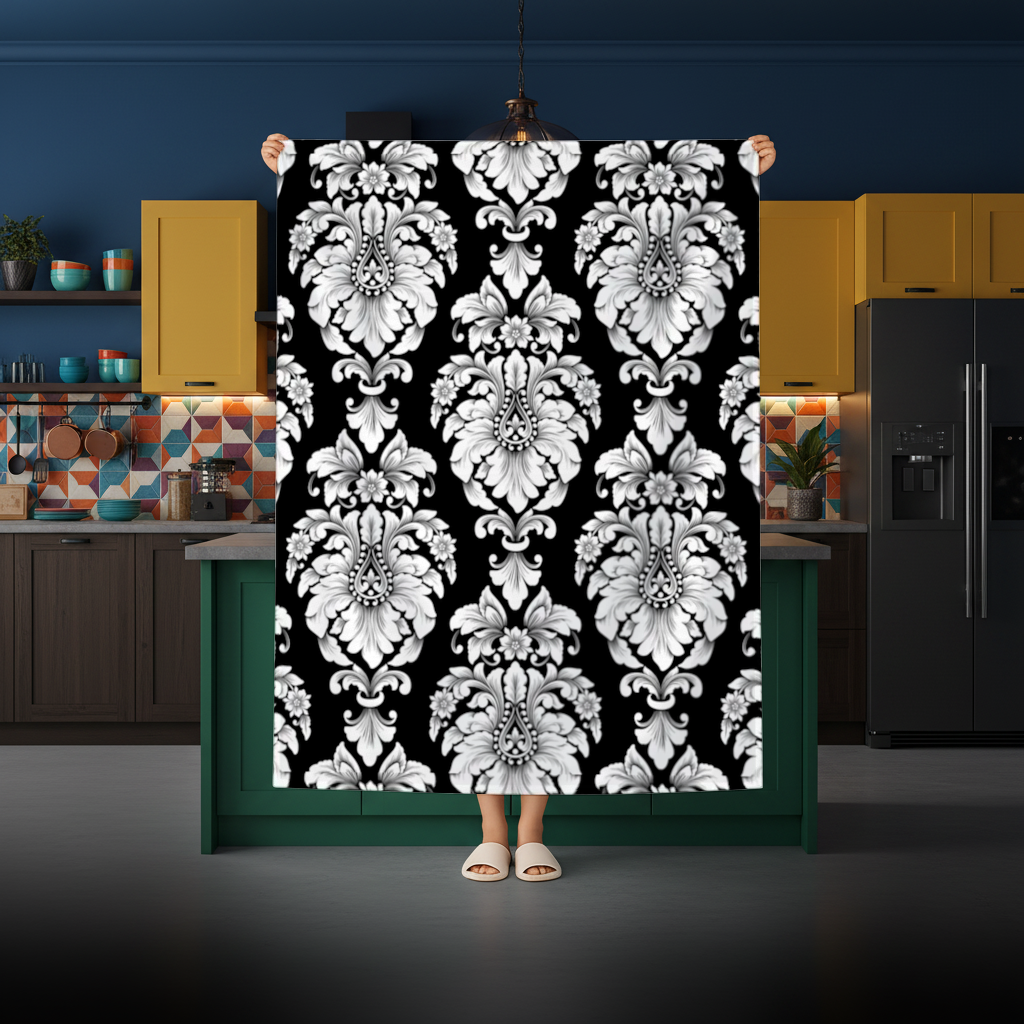Black and White Baroque Floral Pattern Rectangular Tablecloth