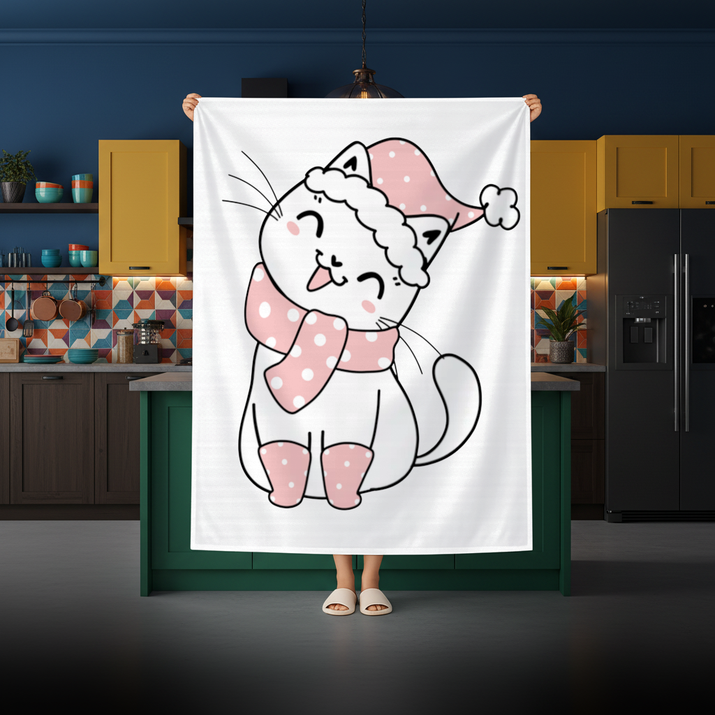 Cute Christmas Cat with Pink Polka Dot Outfit Rectangular Tablecloth