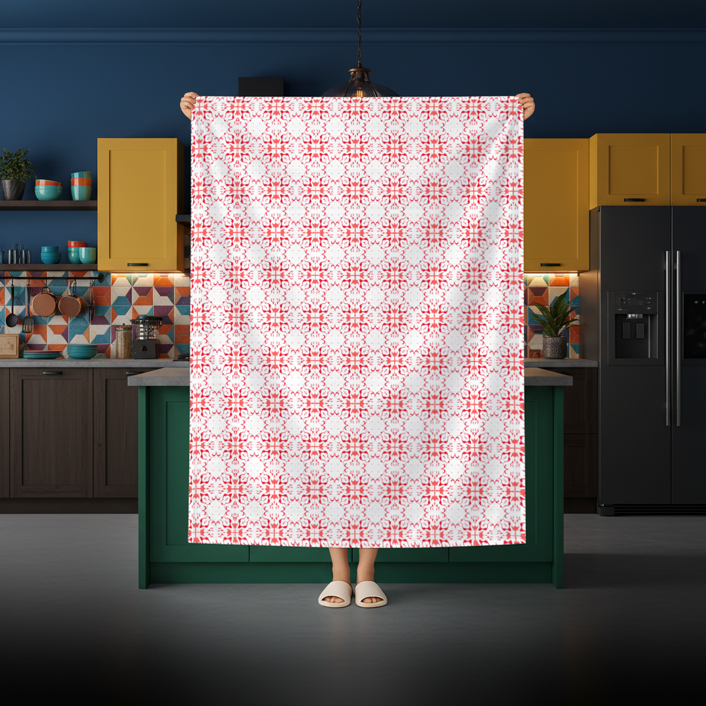 Red and White Traditional Tile Style Pattern Rectangular Tablecloth