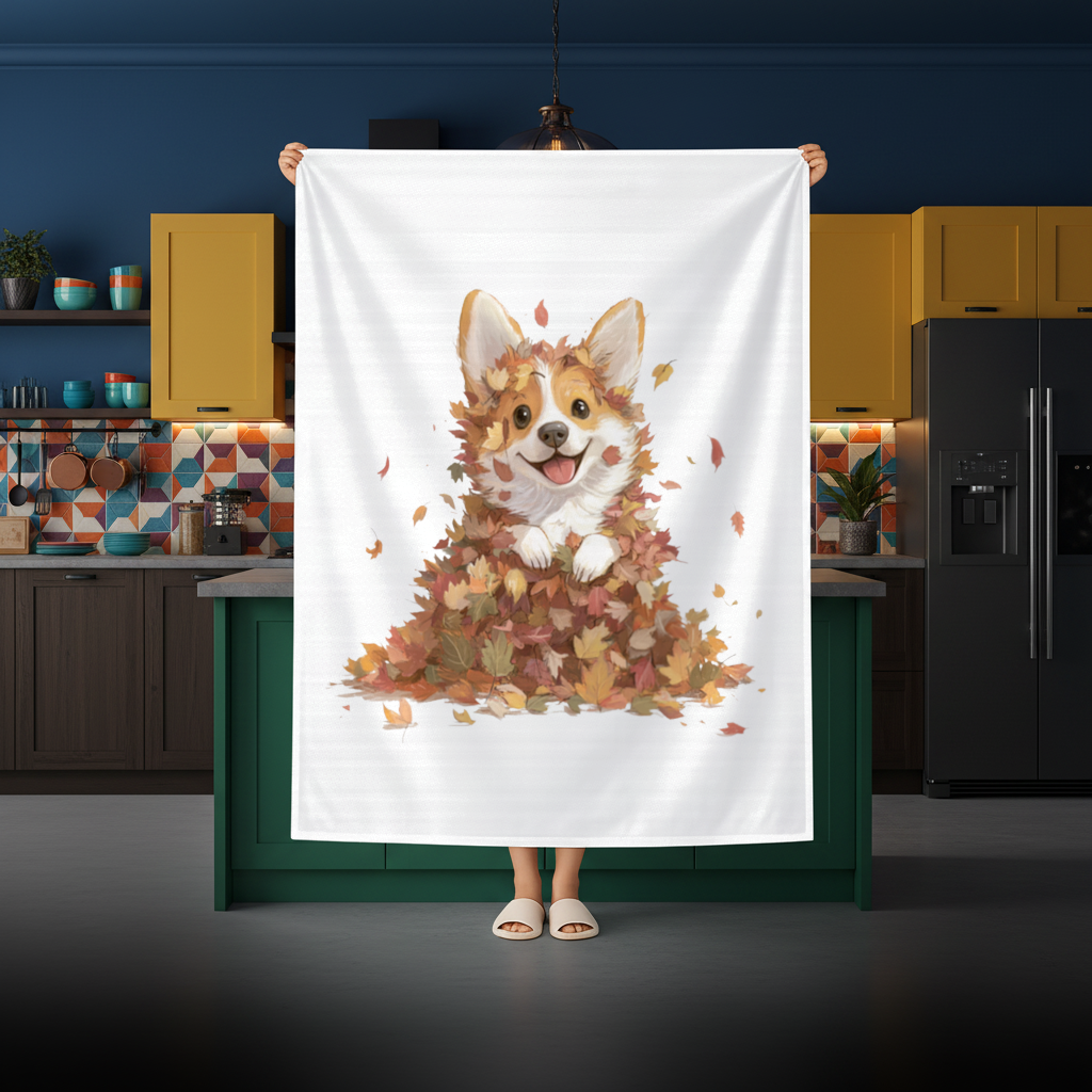 Happy Corgi Puppy in Fall Leaves Rectangular Tablecloth