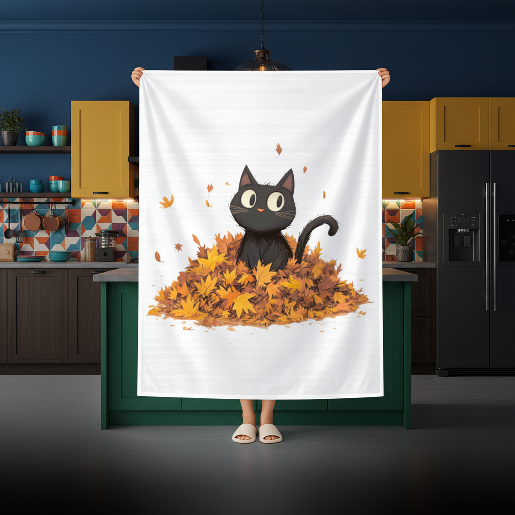Cute Black Cat in Autumn Leaves Rectangular Tablecloth