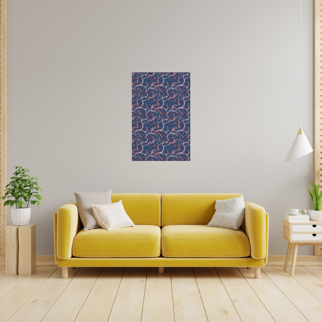 Red Floral Branch Pattern on Navy Background Wall Tapestry