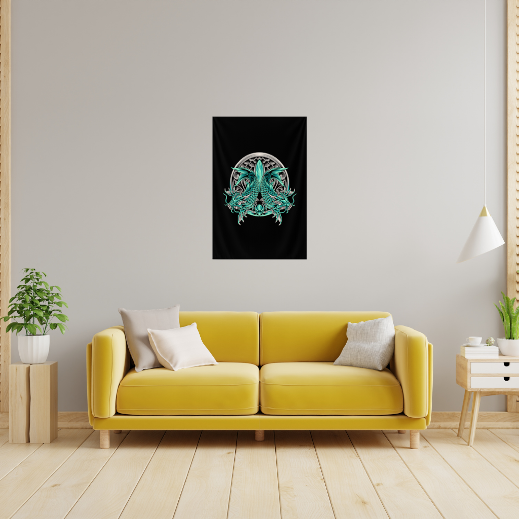 Turquoise Twin Dragon Emblem Design Wall Tapestry