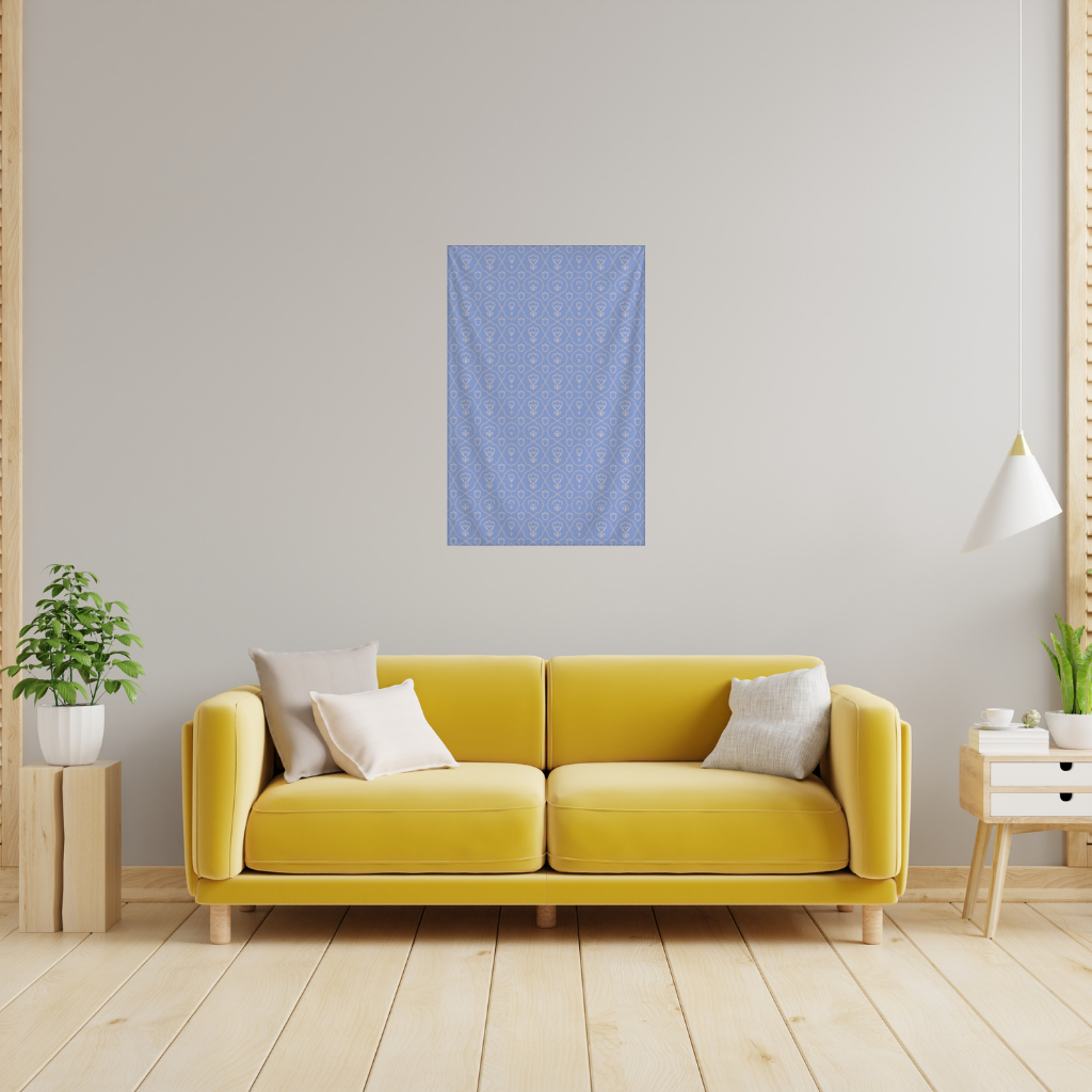 Orange Linear Floral Pattern on Blue Wall Tapestry
