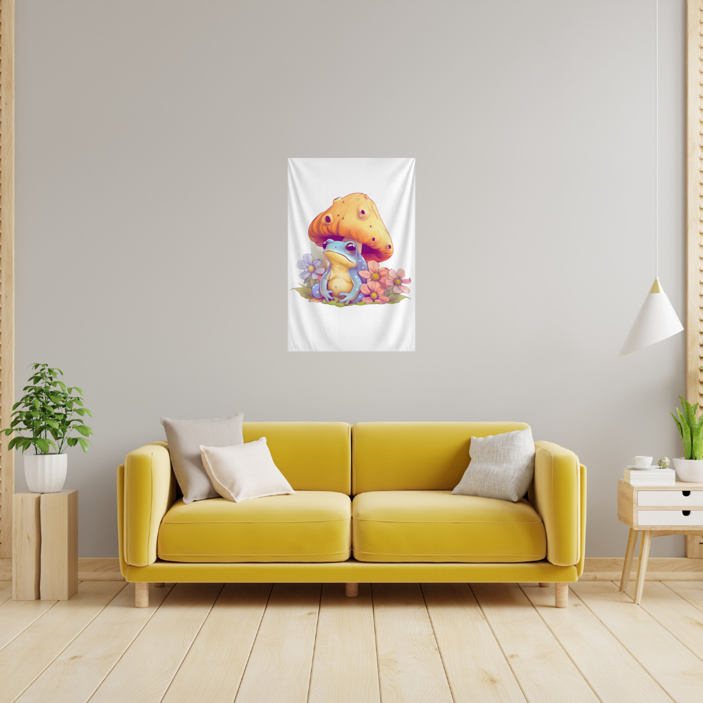 Blue Frog Resting Under Orange Mushroom Wall Tapestry