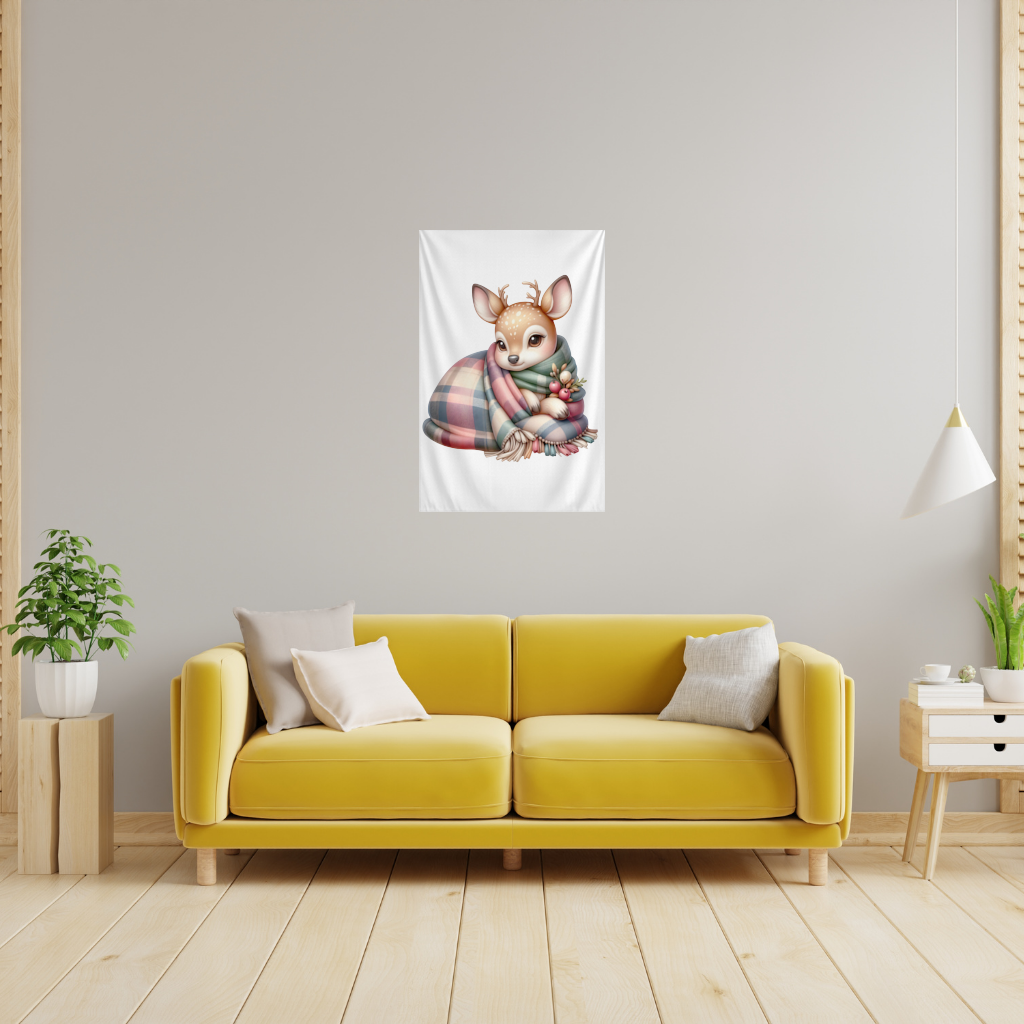 Kawaii Baby Deer with Plaid Scarf Wall Tapestry