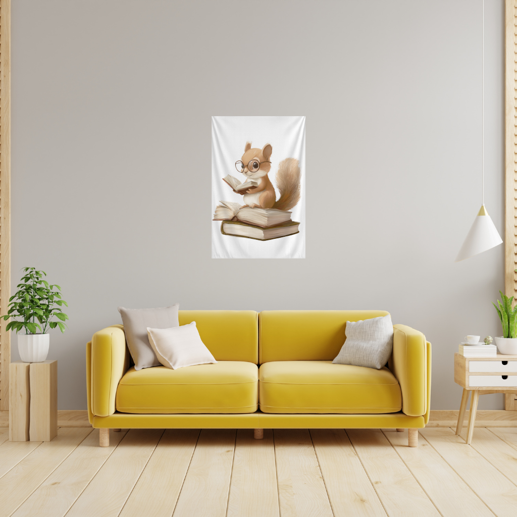 Scholarly Squirrel Reading on Book Stack Wall Tapestry