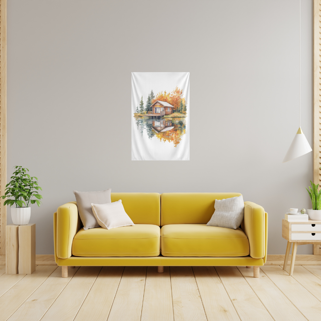 Lakeside Log Cabin Autumn Landscape Wall Tapestry