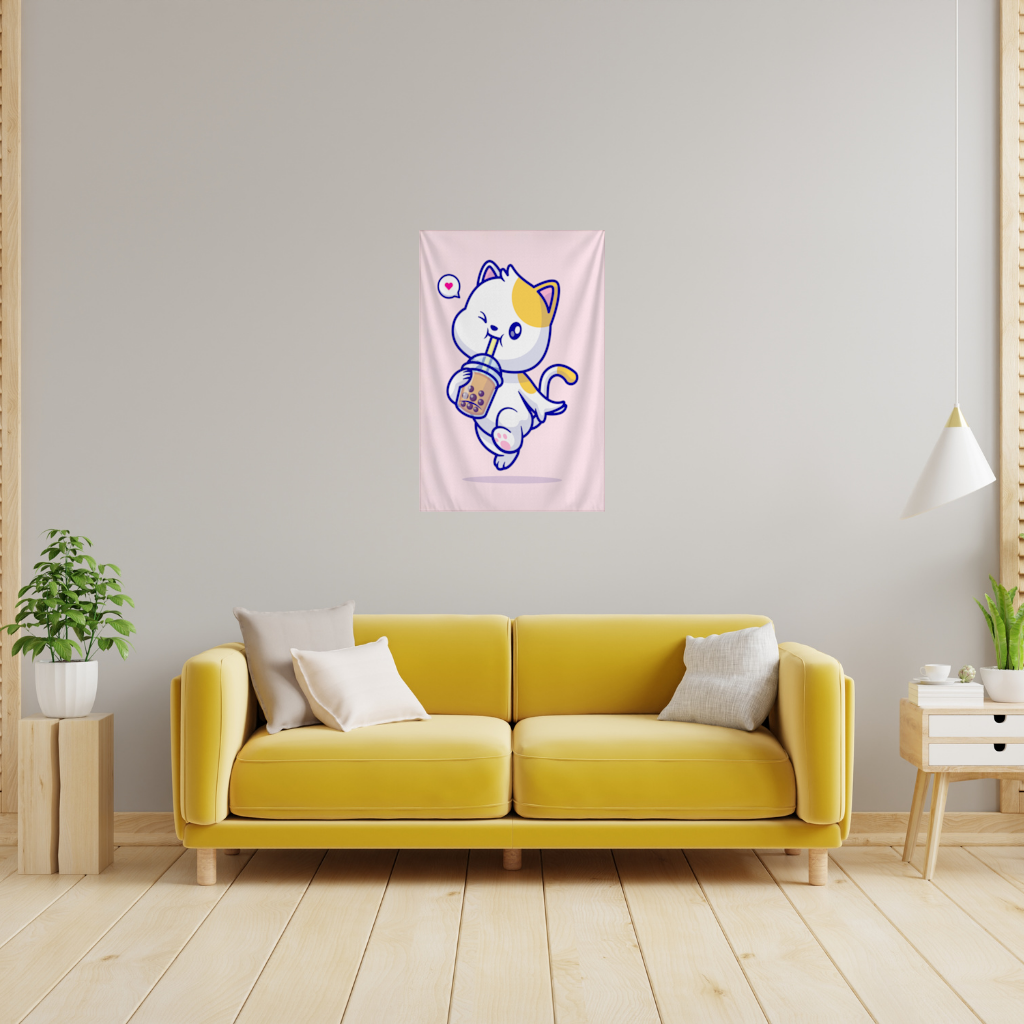 Kawaii Cat Drinking Boba Tea Wall Tapestry