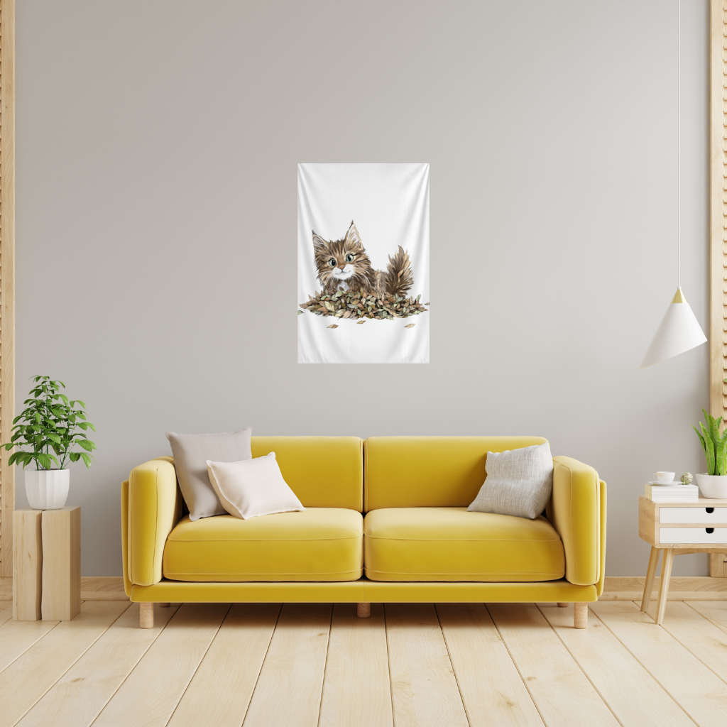 Cute Fluffy Kitten in Autumn Leaves Wall Tapestry