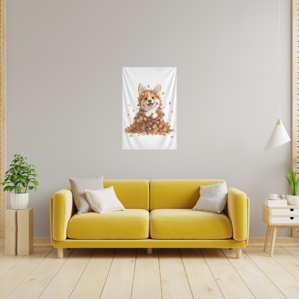 Happy Corgi Puppy in Fall Leaves Wall Tapestry