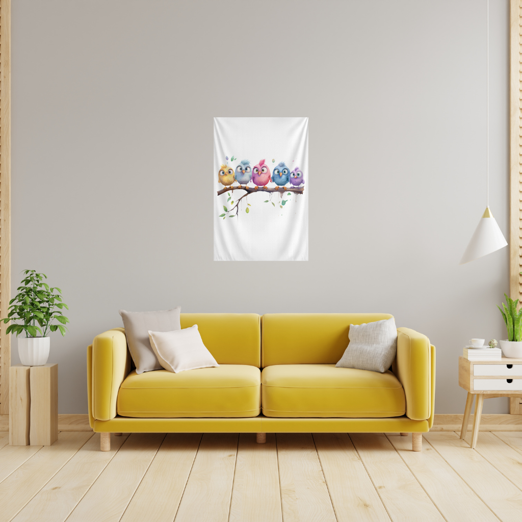 Five Colorful Kawaii Birds on Branch Wall Tapestry