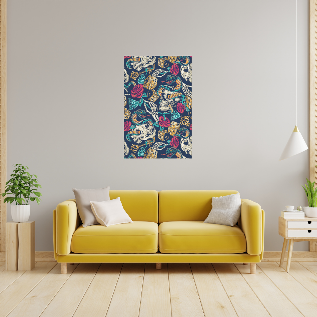 Skull Snake Dice and Roses Pattern Wall Tapestry