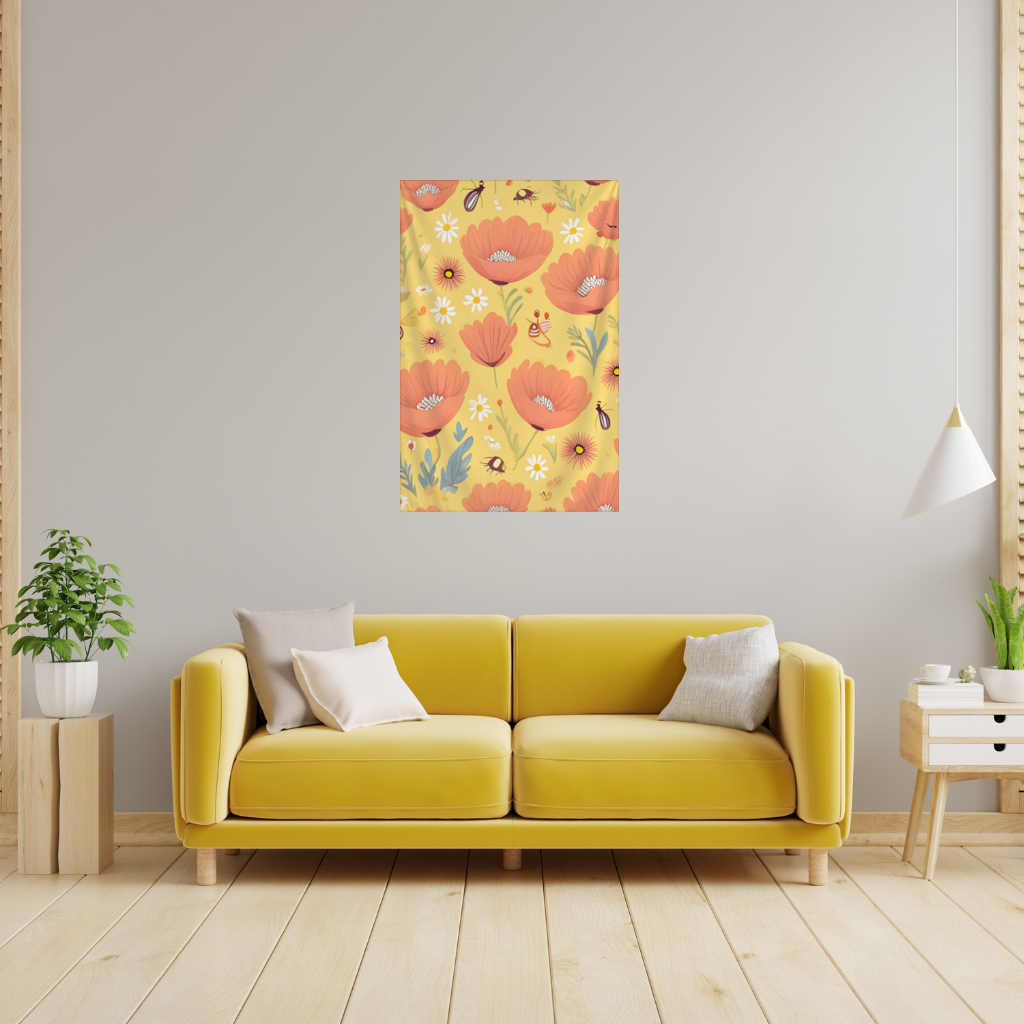 Çiçek ve Böcek Deseni Renkli Pattern Duvar Örtüsü