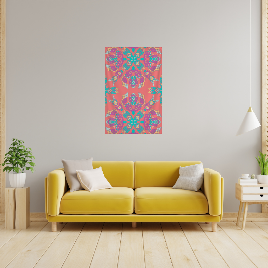 Canlı Kırmızı Zeminli Oryantal Mandala Deseni Duvar Örtüsü