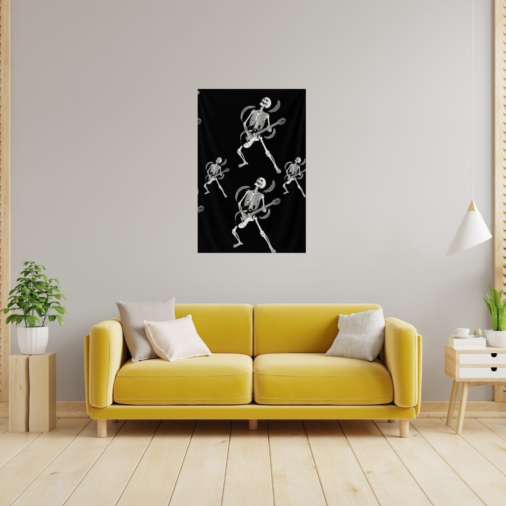 Rock Guitar Playing Skeleton Pattern on Black Wall Tapestry