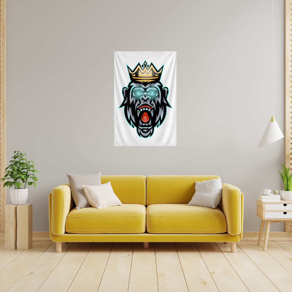Taçlı Öfkeli Goril Kral Grafiği - Neon Detaylı Maskot Duvar Örtüsü