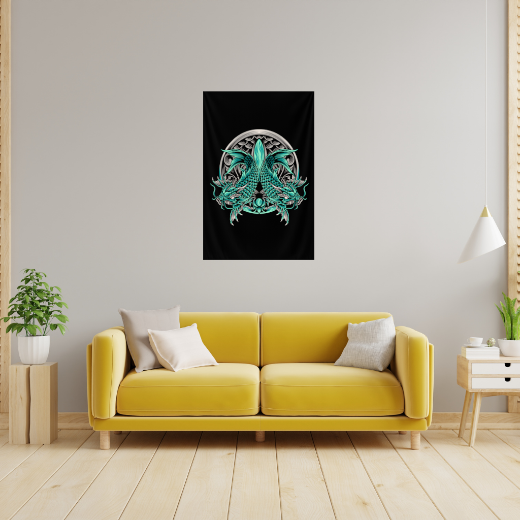 Turquoise Twin Dragon Emblem Design Wall Tapestry