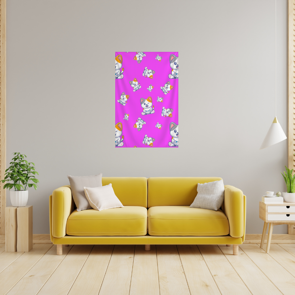 Pembe Zemin Üzerinde Sevimli Çizgi Kedi Deseni Duvar Örtüsü