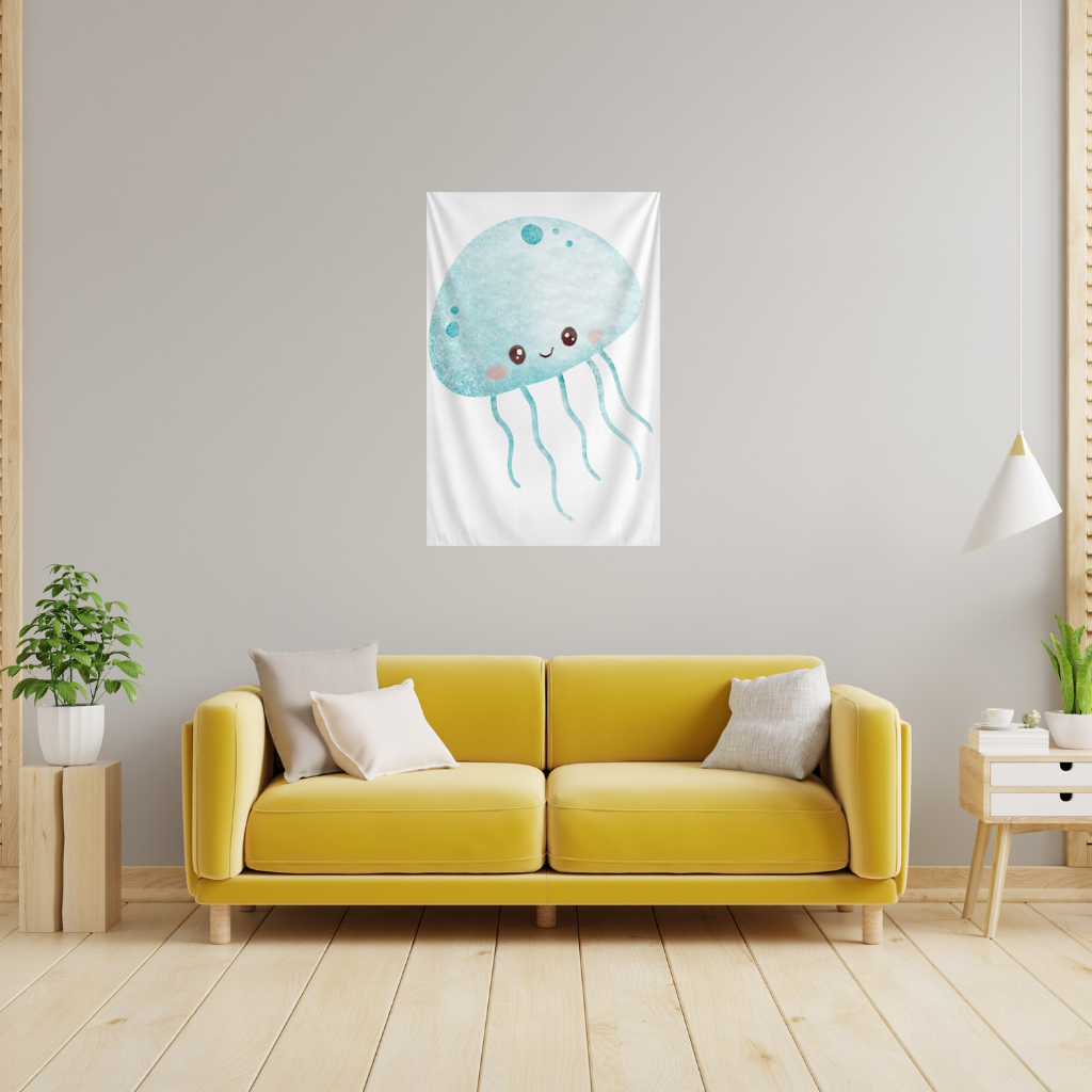 Cute Blue Jellyfish Character Wall Tapestry