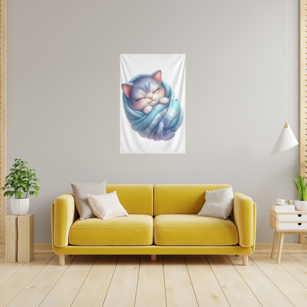 Kawaii Mavi Battaniyeli Uyuyan Kedi Duvar Örtüsü