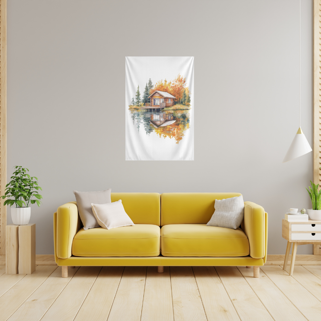 Göl Kenarı Kütük Ev ve Sonbahar Duvar Örtüsü