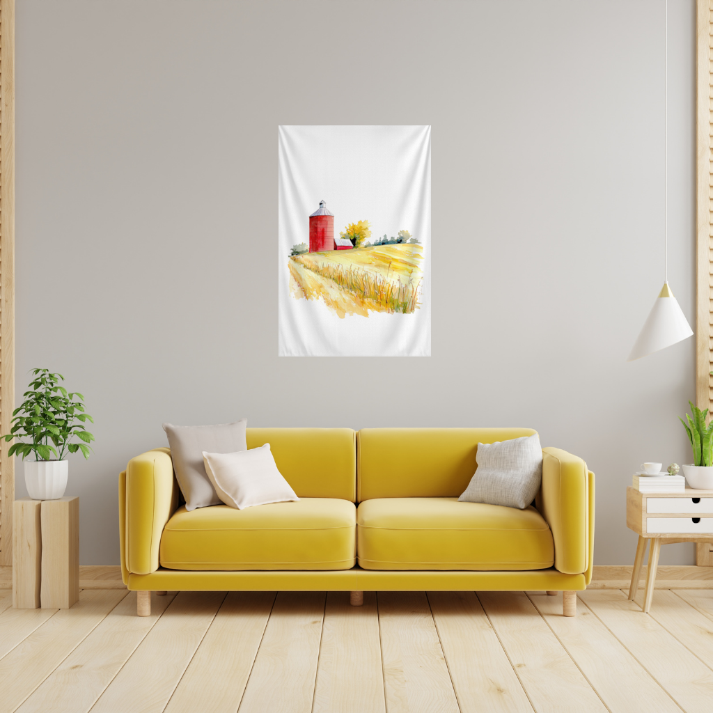 Red Farm Silo and Golden Wheat Field Wall Tapestry