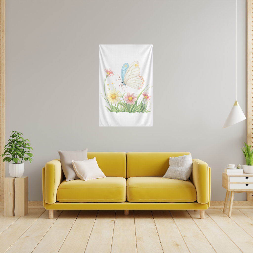 Whimsical Pastel Butterfly and Wildflowers Wall Tapestry