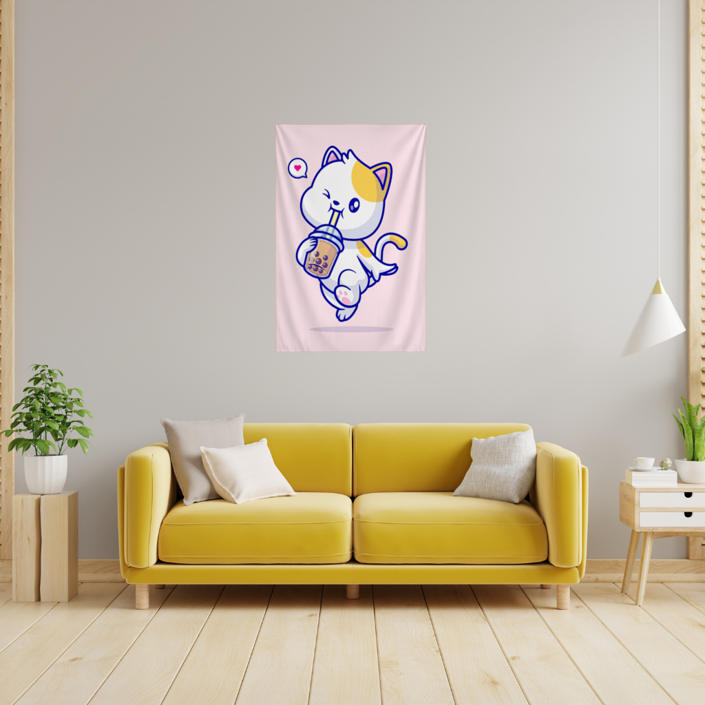 Kawaii Cat Drinking Boba Tea Wall Tapestry